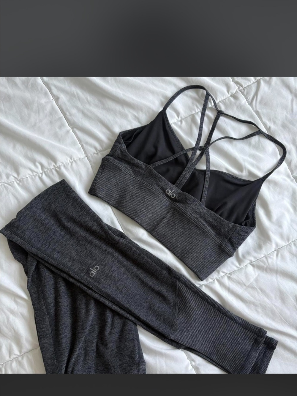 ALO Yoga Charcoal Ribbed Strappy Sports Bra & Leggings